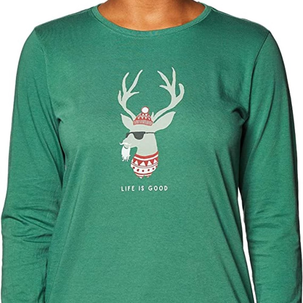 Life is Good Funky Reindeer Green Long-Sleeved Crusher Tee Shirt Size Small VGC